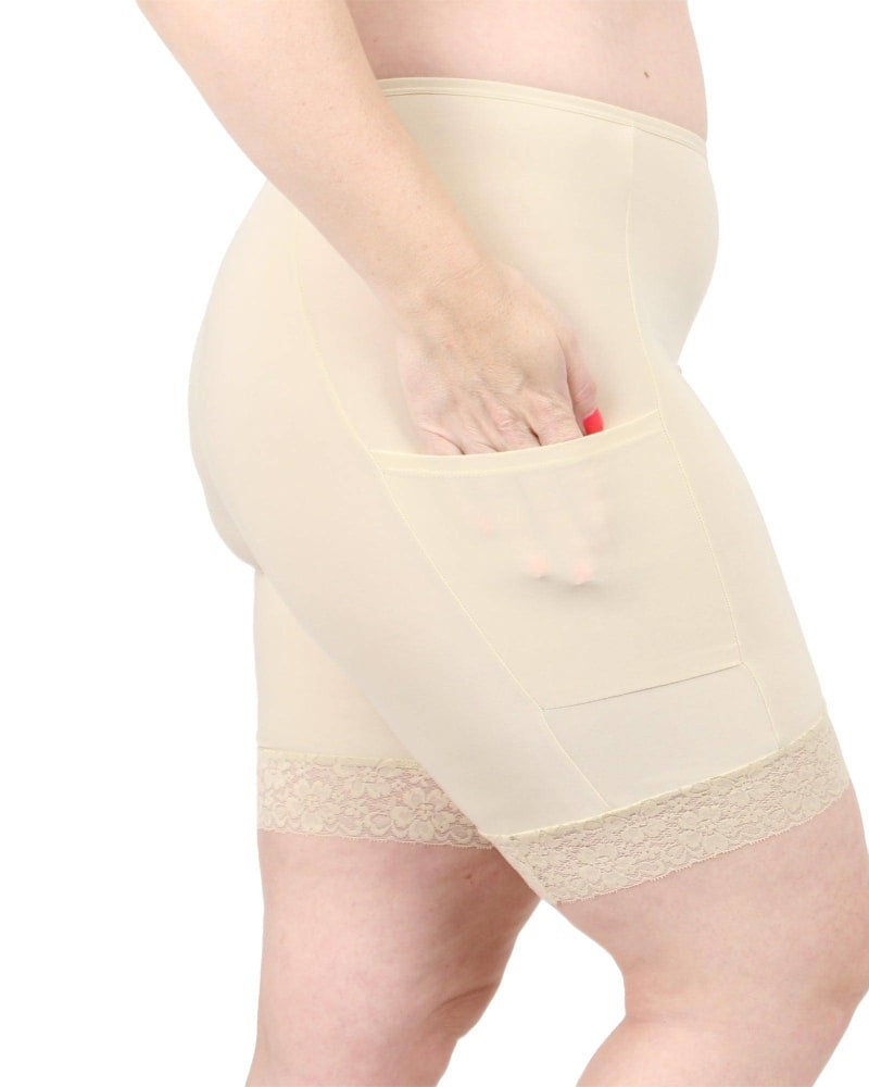 Front of a model wearing a size L Bella Pocket Shortlette in Light Beige by Undersummers. | dia_product_style_image_id:243411